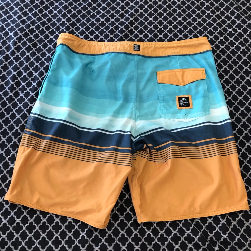 O'Neill Hyperfreak Board Shorts Mens 38 Orange Blue Stripe Swim Trunks Surf DD8